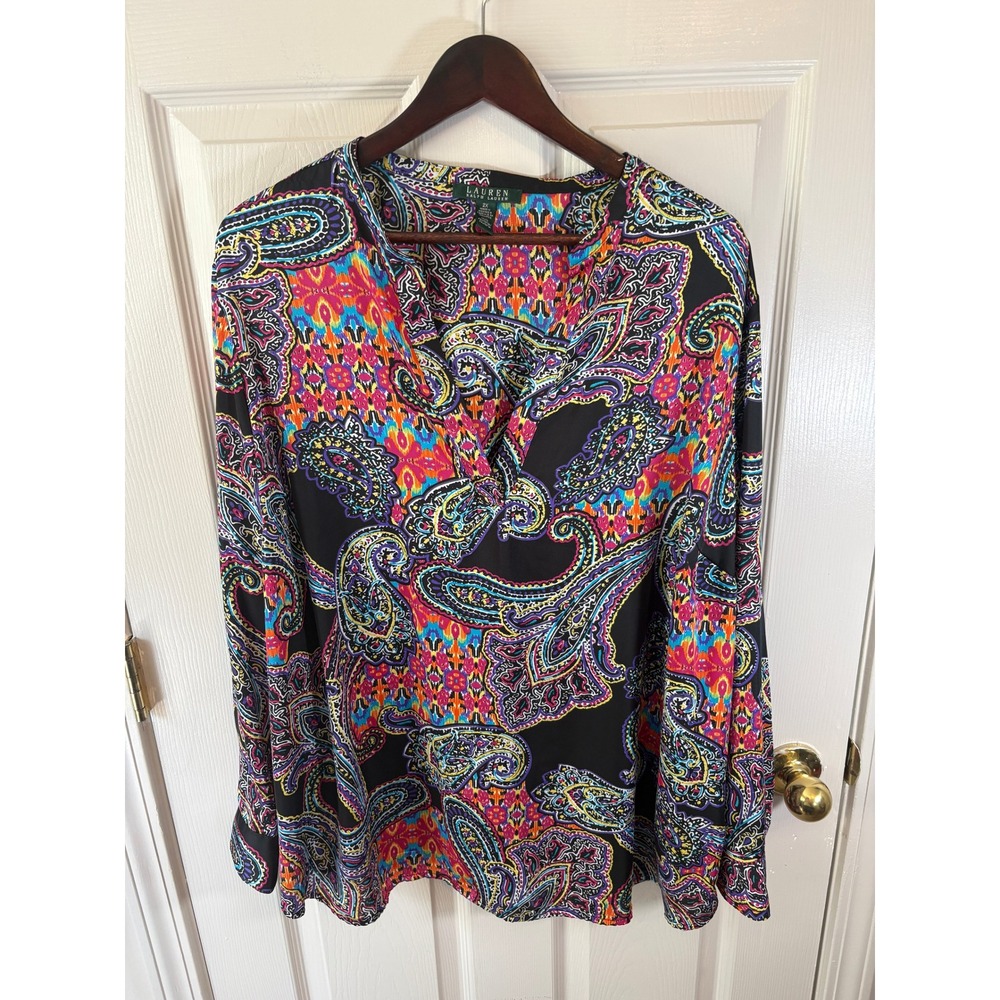 Lauren Ralph Lauren Women 2X Paisley Print Split V-Neck Blouse Multi-Color